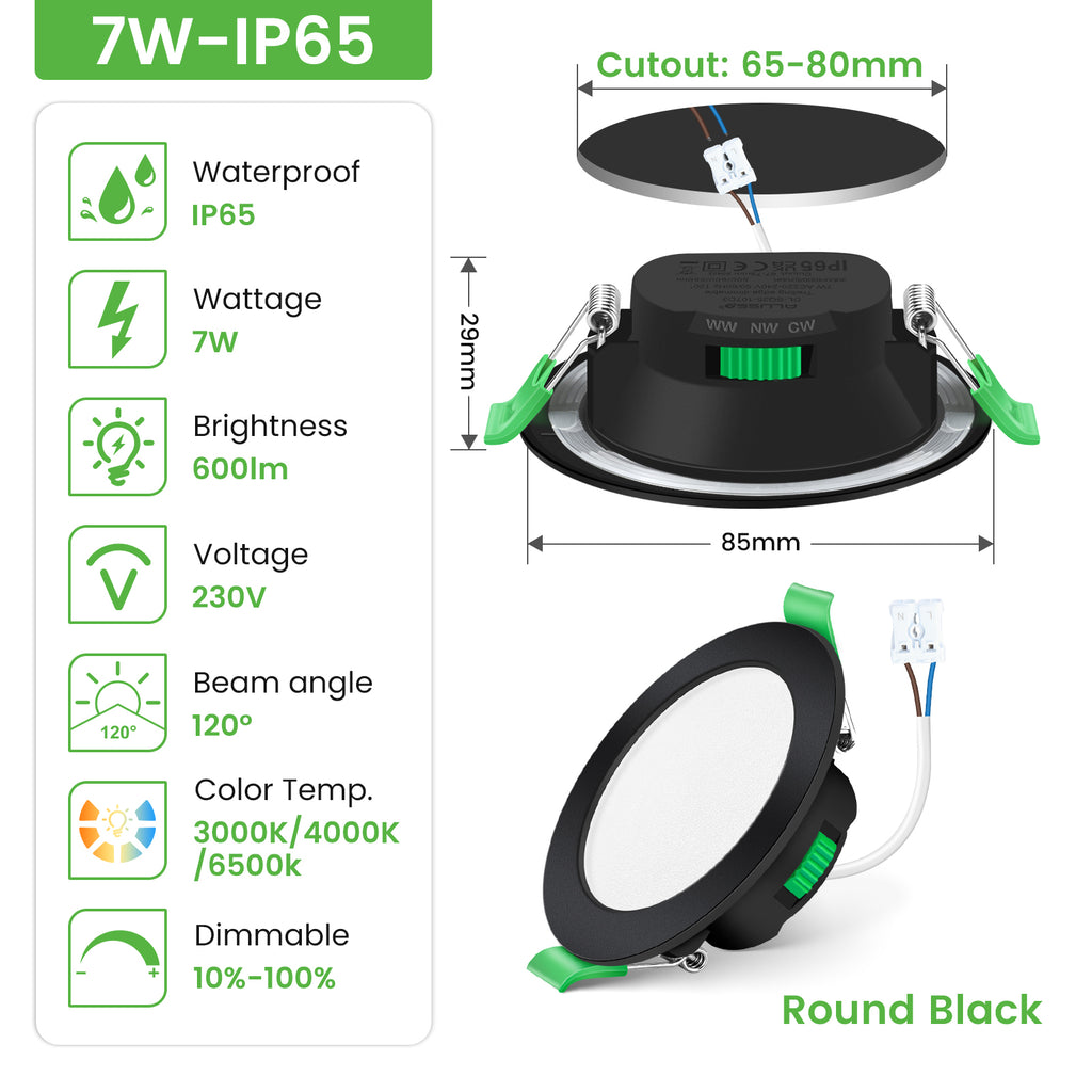 ALIPODLAX Spot encastré LED ultra-plat à intensité variable, IP65, 230 V, 7 W, Noir, Blanc chaud/neutre/froid