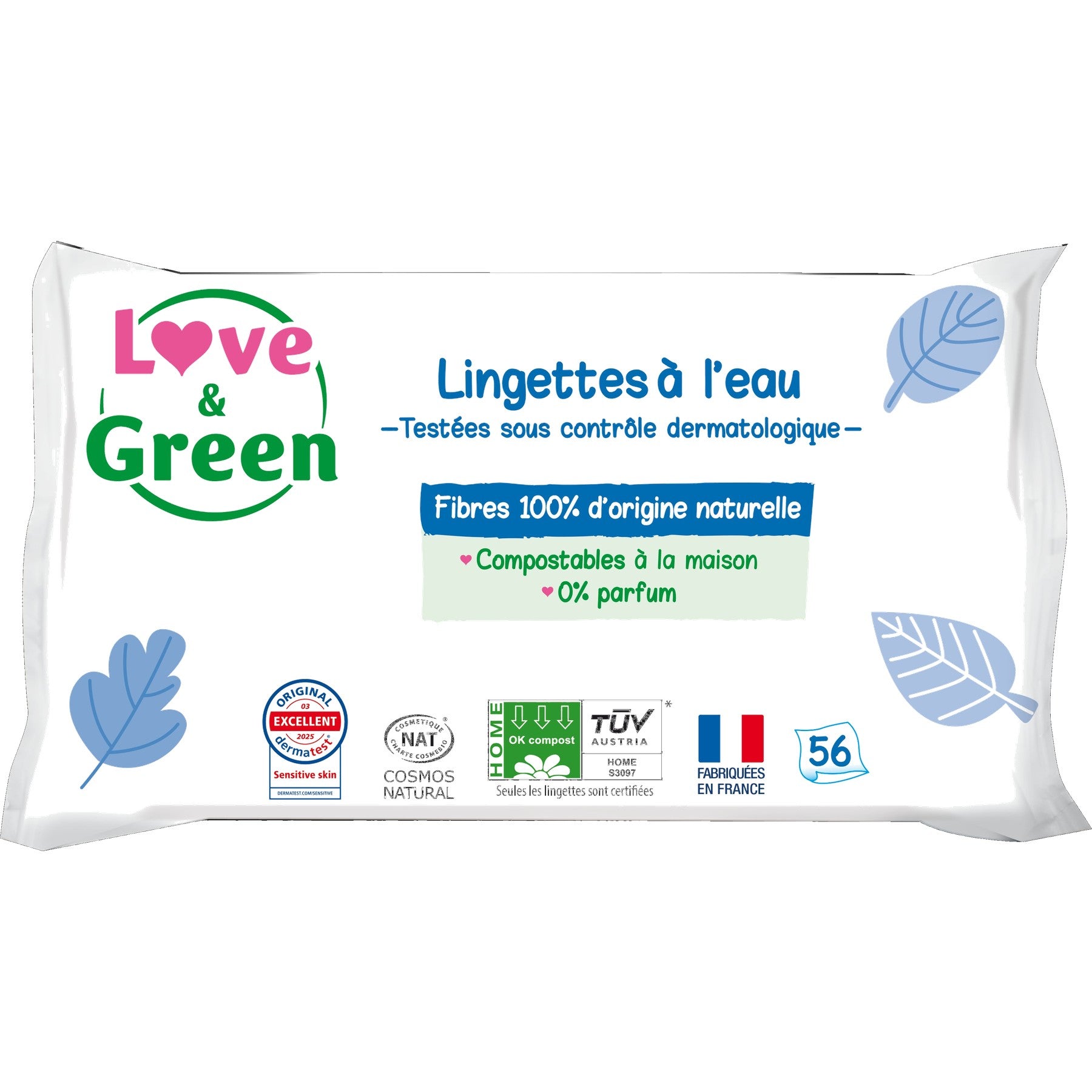 LOVE & GREEN Lingettes écologiques à l'eau - fibres 100% d'origine naturelle - 56 lingettes