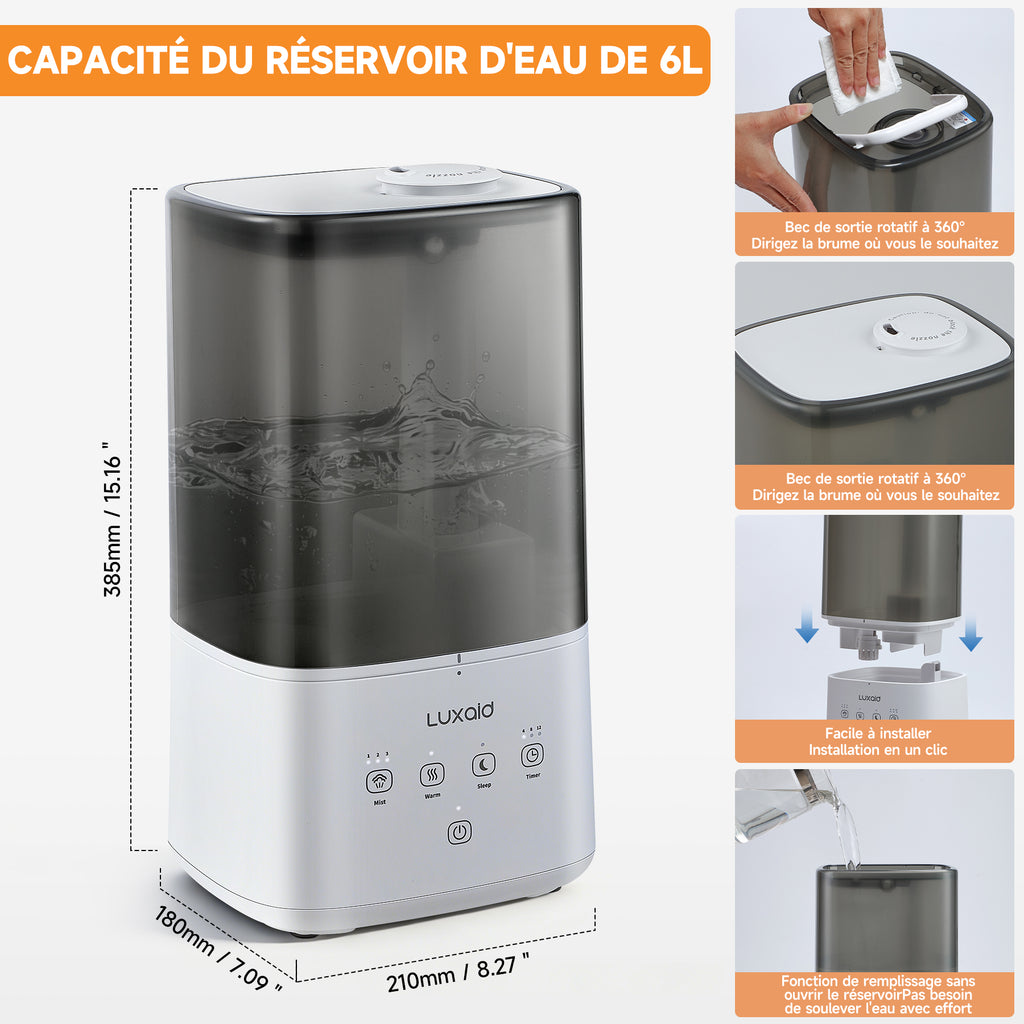 Luxaid Humidificateur 6L Brume Froide/Chaude, Remplissage par le haut, commande tactile, minuterie 4/8/12h, mode silencieux 20dB, buse 360°, fonction aromathérapie pour grande pièce