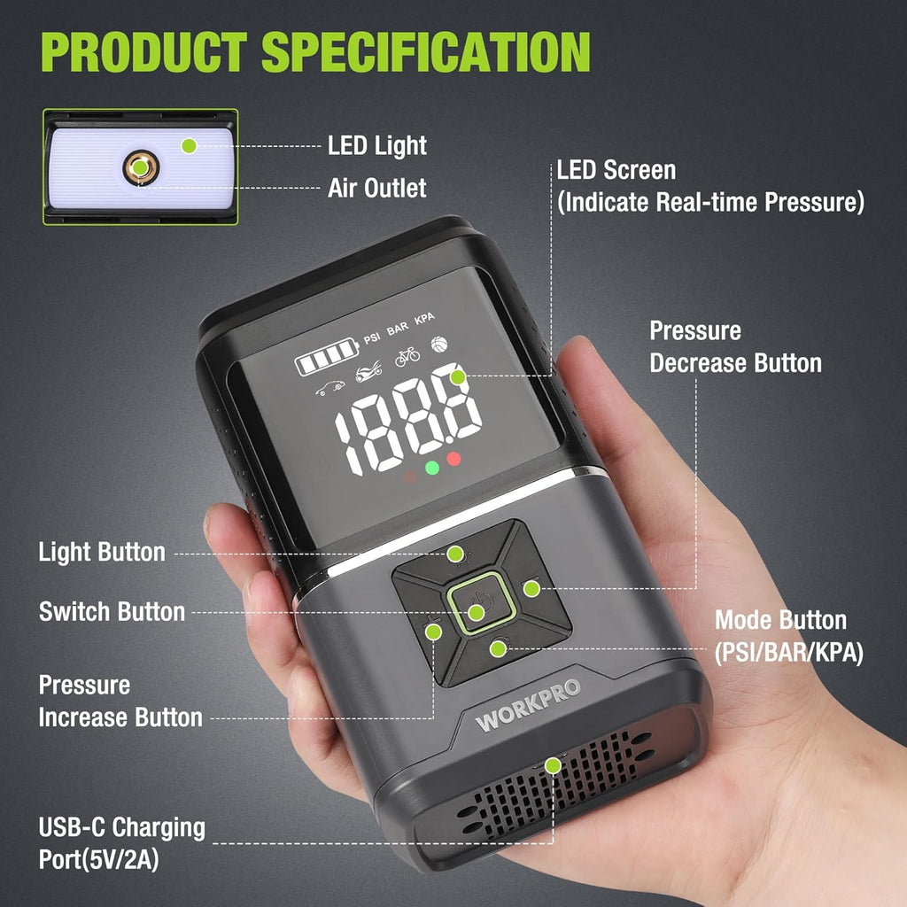 WORKPRO Pompe à air électrique 150 PSI (10,3 bar), Compresseur d’air sur batterie 7,2 V 2500 mAh