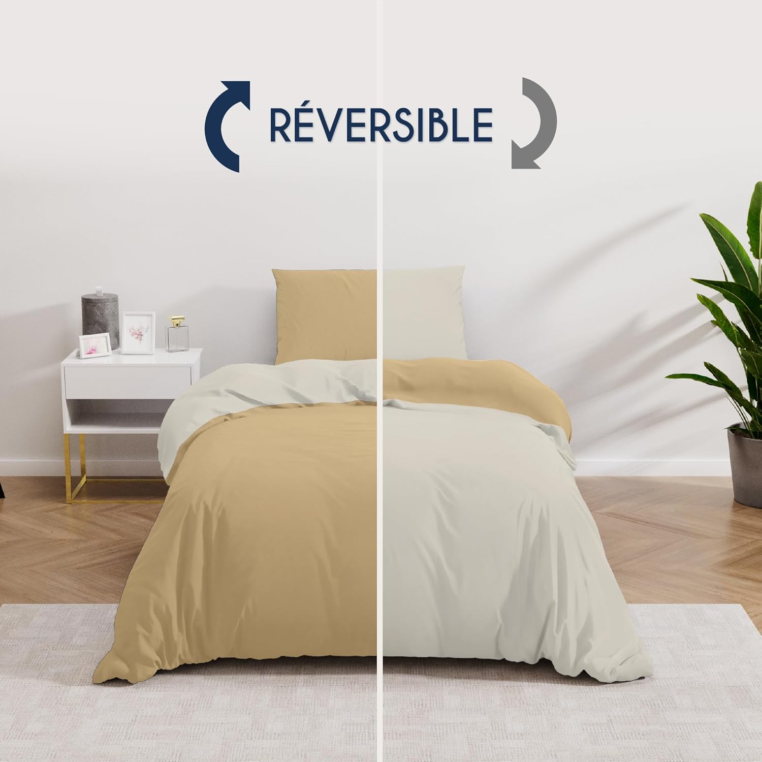 MENDALE Housse de couette - Ensemble de literie de qualité supérieure - Housse de couette 140*200 cm avec taie d'oreiller 65*65 cm - Microfibre douce brossée - Blanc cassé et kaki