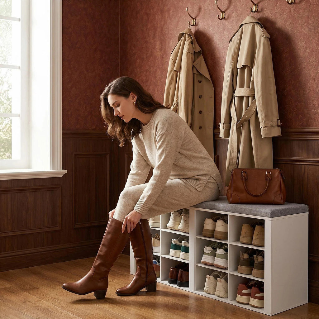 HaluPeit Banc à chaussures avec assise, meuble à chaussures avec banc et 12 compartiments, banc d'entrée avec étagères réglables pour le salon, la chambre ou le couloir, blanc et gris
