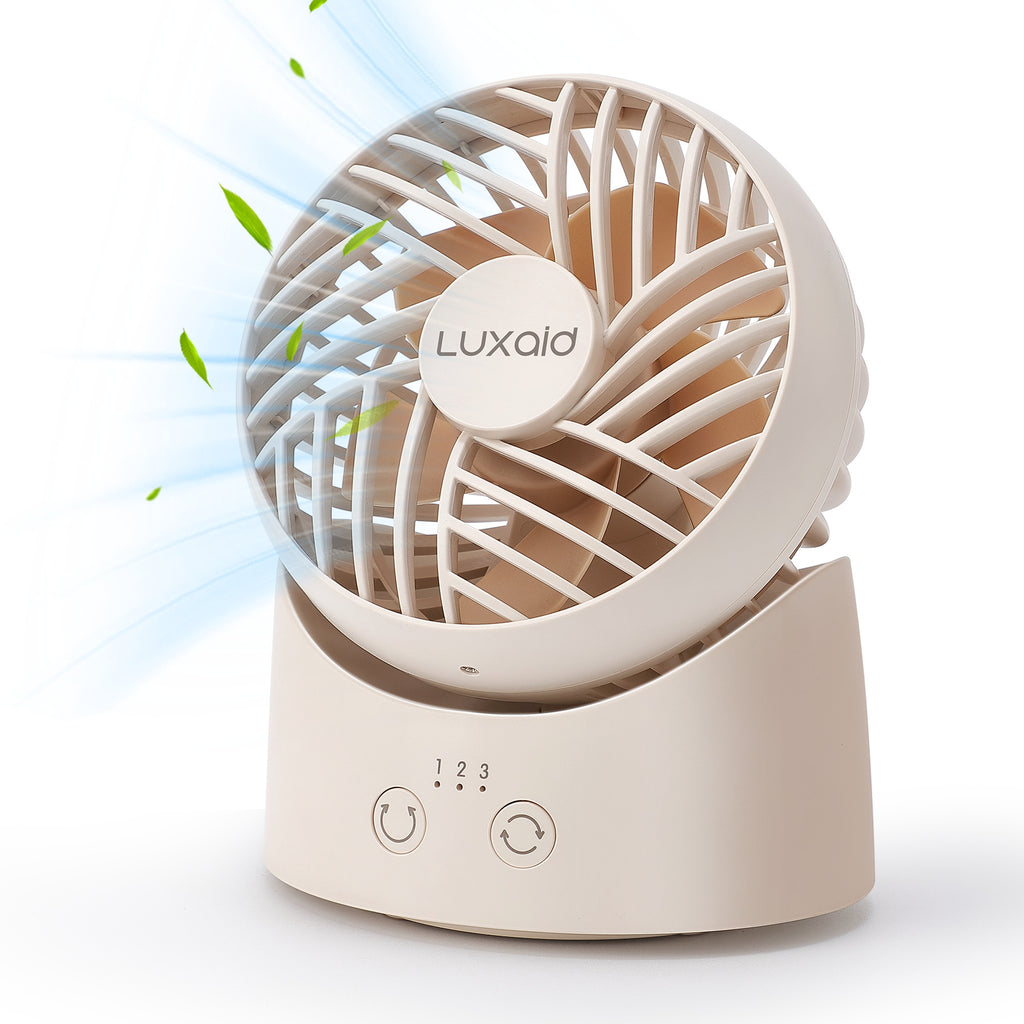 Luxaid Mini ventilateur de bureau, oscillation à 60°, 3 vitesses, batterie 1800 mAh avec chargement USB-C, autonomie continue de 8 h, compact et portable