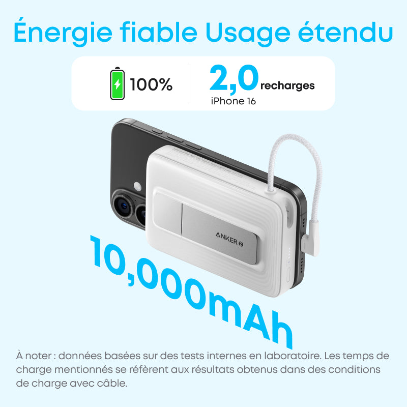 Batterie externe 10000mAh magnétique avec câble de données USB-C intégré noir