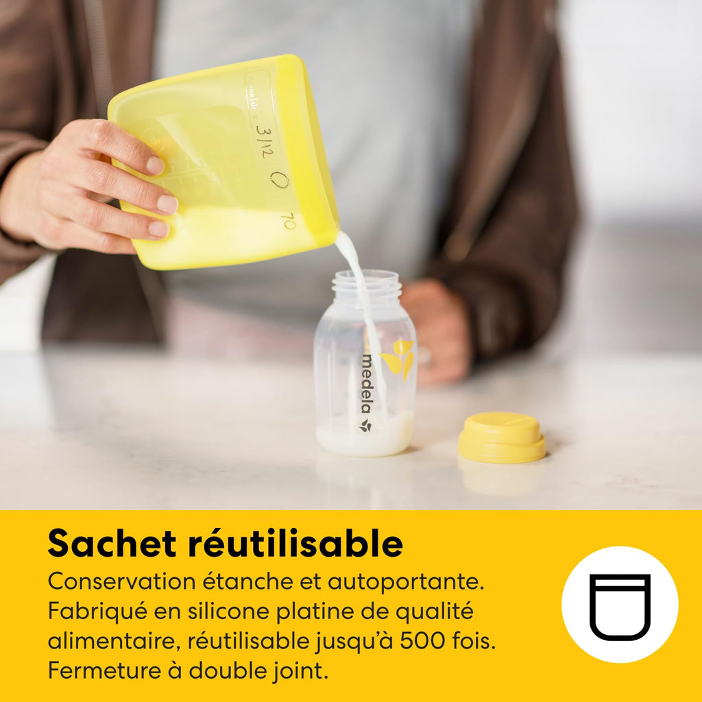 MEDELA Kit conservation lait maternel tout-en-un - 4 Biberons 150 ml, 4 Sachets Easy Pour, 1 Sachet réutilisable, 1 Sachet Micro-ondes Quick Clean et Sac isotherme avec bloc réfrigérant