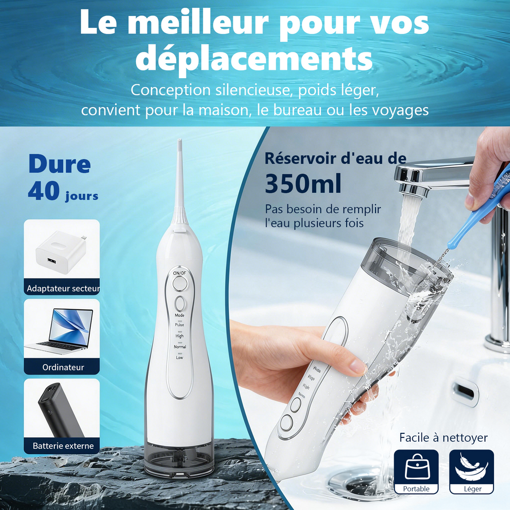 Sunluxy Hydropulseur dentaire sans fil portable – Pression d'eau puissante 140 PSI, 5 Modes, Buse rotative à 360°, Grand réservoir d'eau 300 ml, Autonomie longue durée 40 jours