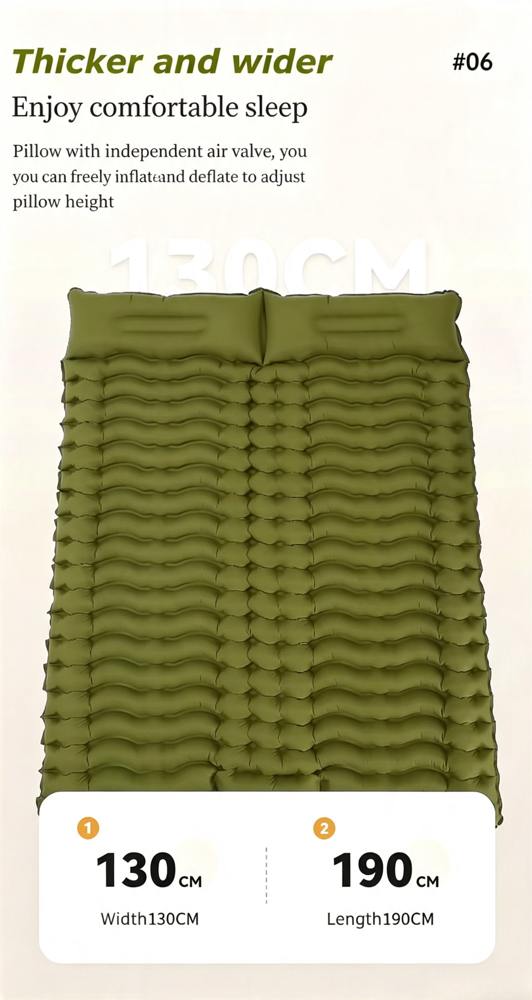 VXOYO Tente de couchage double de camping 200 x 160 cm tapis gonflable ultra-léger avec oreiller intégré et pompe à pied, dimensions emballé 29 x 16 x 16 cm, poids 1,7 kg, vert double