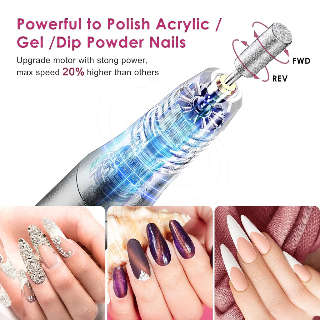 COSLUS Lime électrique sans fil pour ongles Professionnelle pour ongles en acrylique gel poudre trempée Kit de ponceuse à ongles portable pour manucure pédicure avec tout inclus Rechargeable Légère Gris