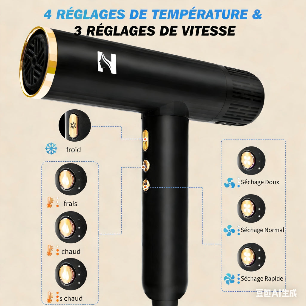 NICEBAY Sèche-cheveux ionique DW-9041 avec diffuseur pour cheveux bouclés, 1900 W, Moteur sans balais 110 000 tr/min, Peu bruyant, Léger