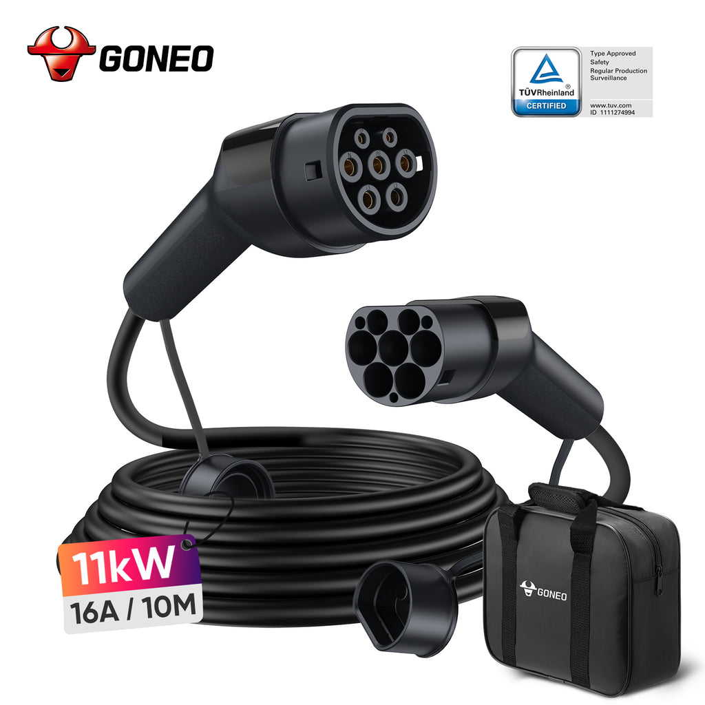 GONEO Câble de charge EV Type 2 11 kW 16 A 10 m 3 phases certifié TÜV avec soudure ultrasonique, connecteur plaqué argent IP54, résistant à l'eau PA66+TPU, résistant au feu avec pochette de transport