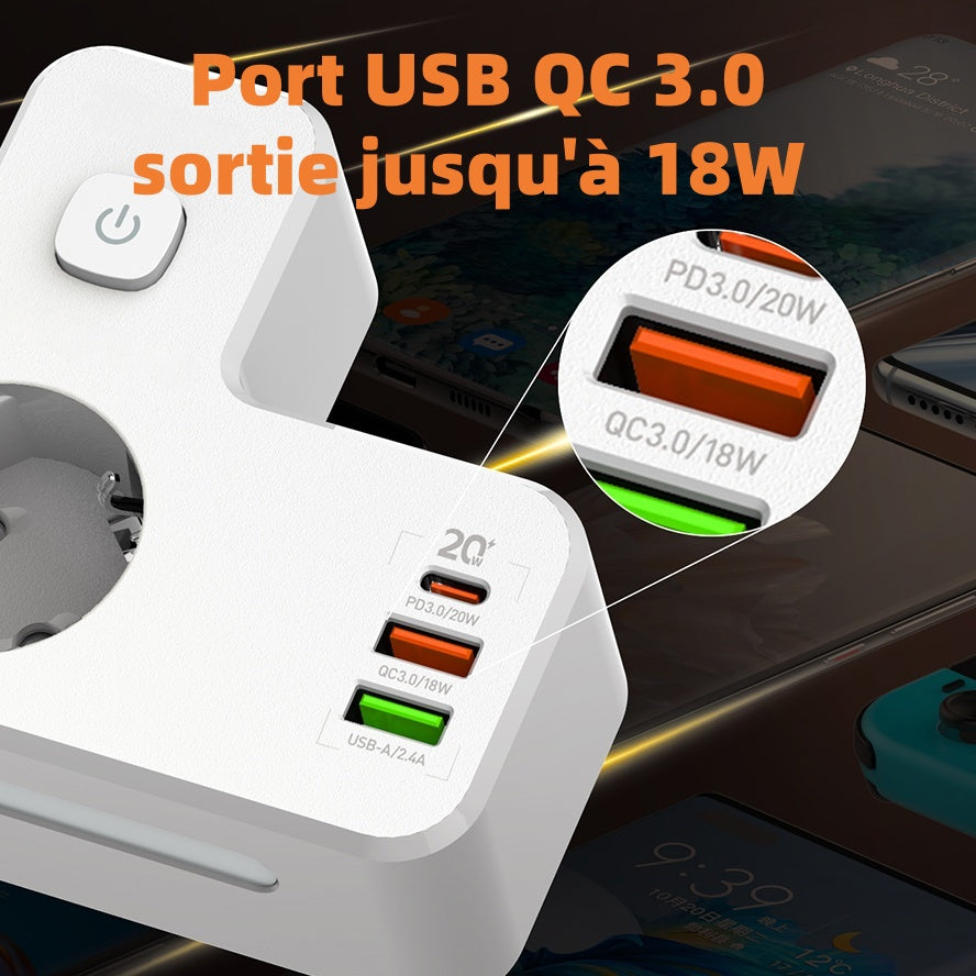 LDNIO Multiprise sans fil PD20W avec prise USB multiple et voyant lumineux, adaptateur de voyage multifonction