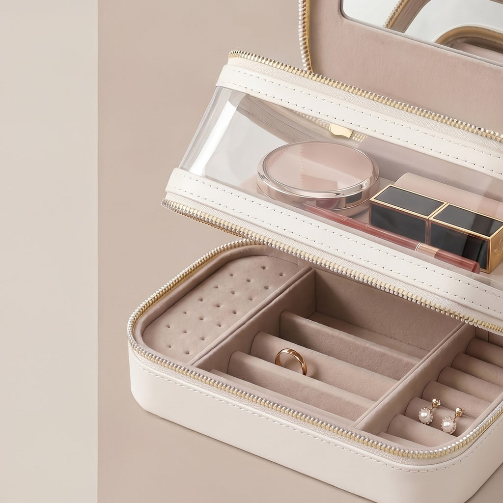 JOYFURNOS Organisateur de Cosmétiques avec Miroir, Mallette de Maquillage de Voyage, Rangement pour Bijoux, Trousse de Pinceaux Portable, Cadeau pour Femme, Blanc