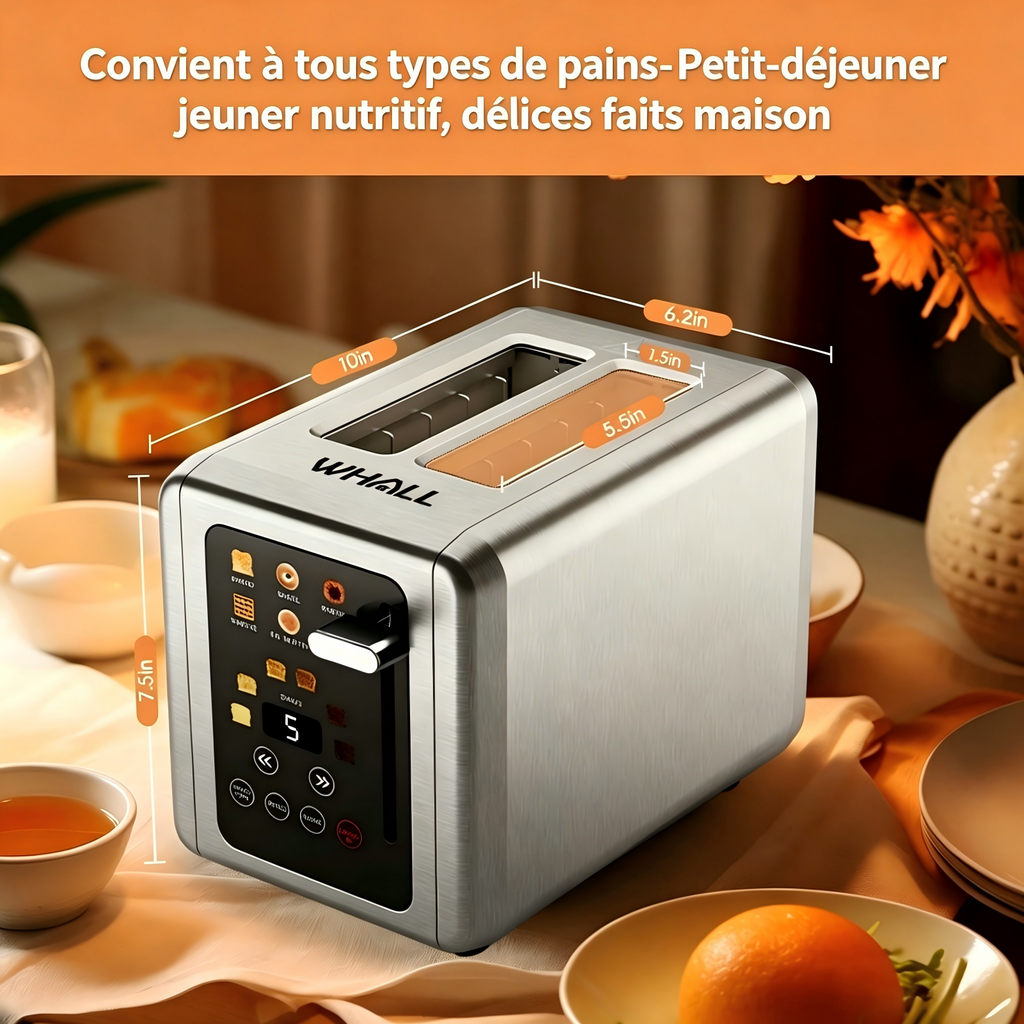 WHALL Grille-pain numérique intelligent avec écran tactile, 2 tranches, fentes larges de 1,5 pouce, 6 niveaux de toast et 6 types de pain, fonction mémoire, minuteur, inox brossé