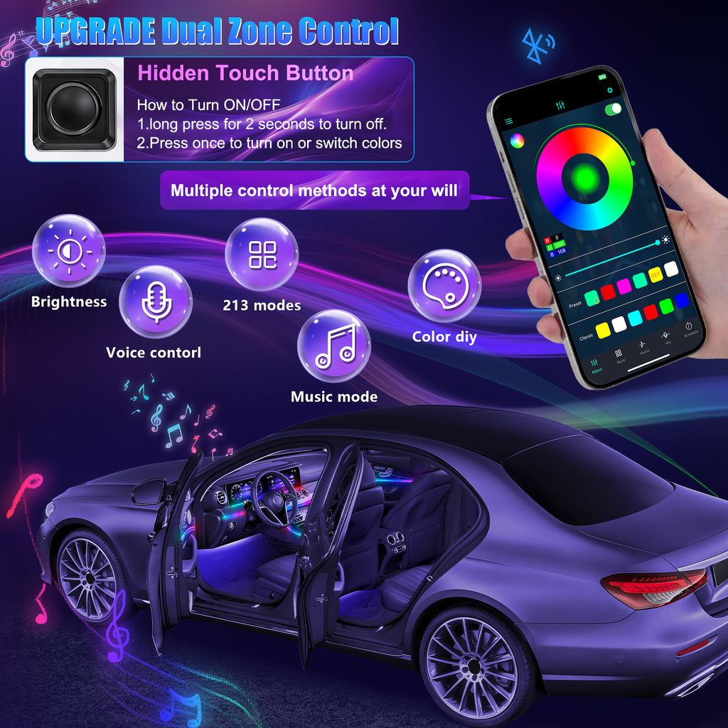 Dream+color Kit d'éclairage 593 LED pour intérieur de voiture en acrylique avec application sans fil, 22-en-1 - 444,5 cm