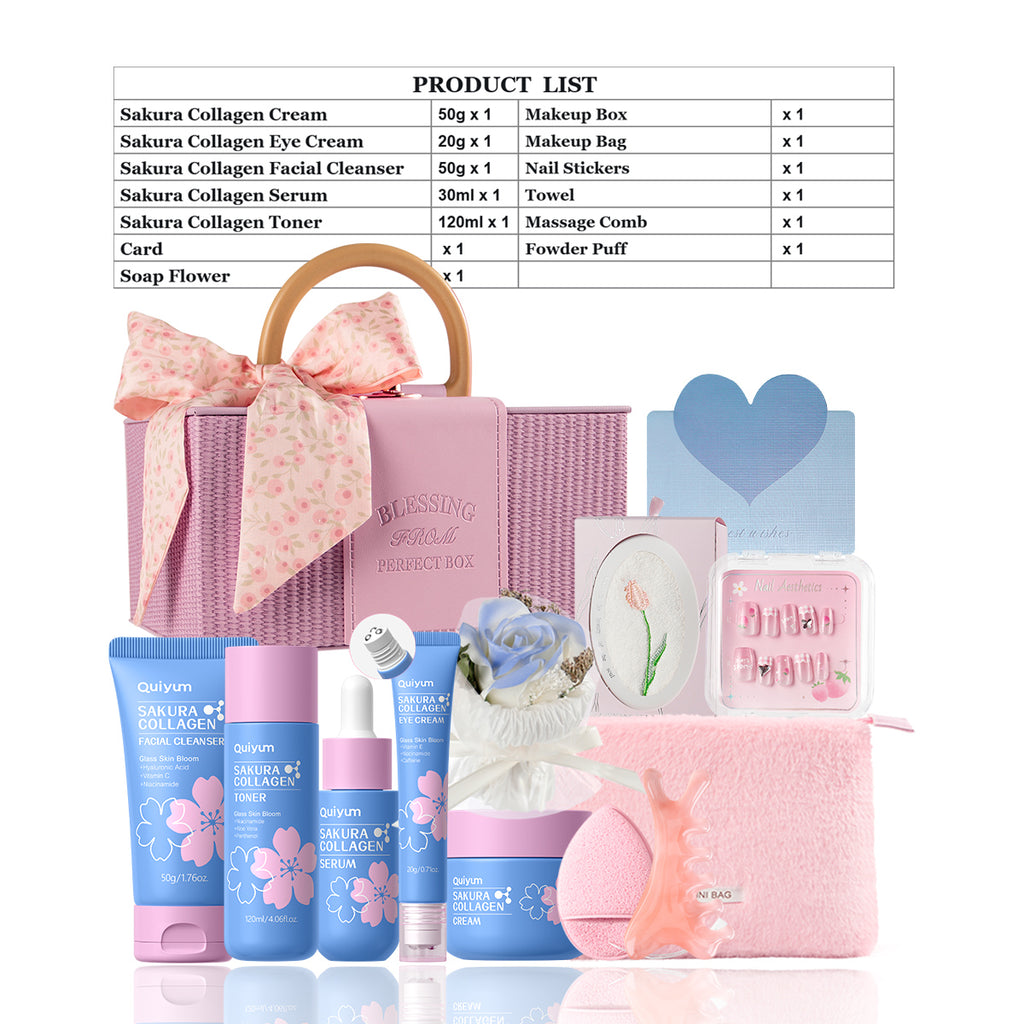 Quiyum Coffret de soins Sakura au collagène 12 pièces Nettoyant 50 g, Lotion tonique 120 ml, Sérum 30 ml, Crème contour des yeux 20 g, Crème 50 g, Autocollants pour ongles, Serviette