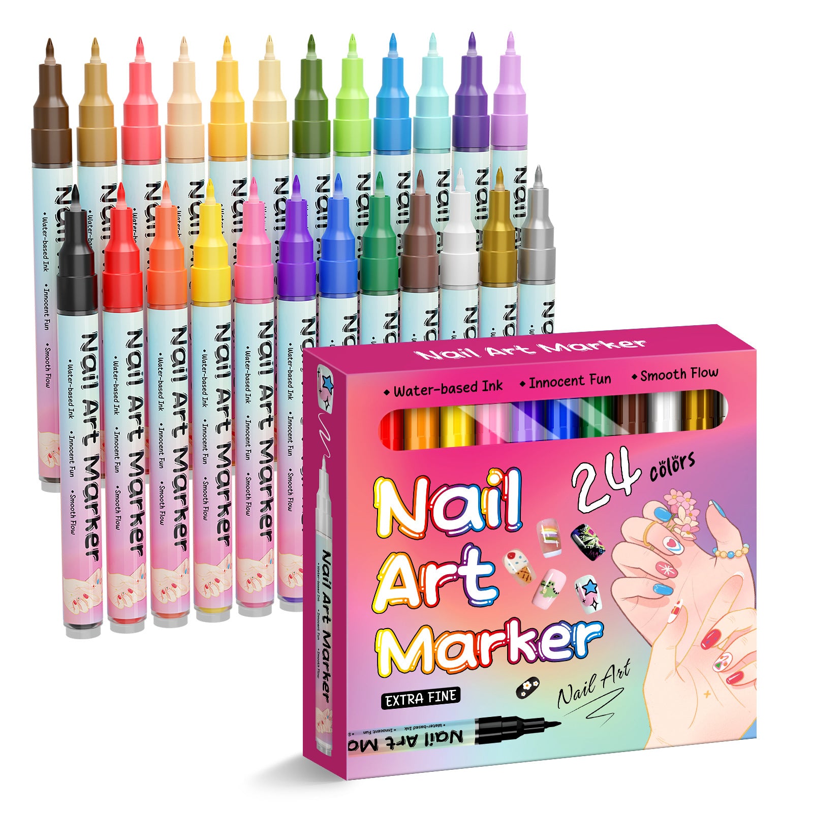 Stylos de décoration des ongles 24 couleurs, Ensemble de stylos de vernis à ongles 3D 0,5 mm, Outils de pointillage, Stylos de peinture acrylique