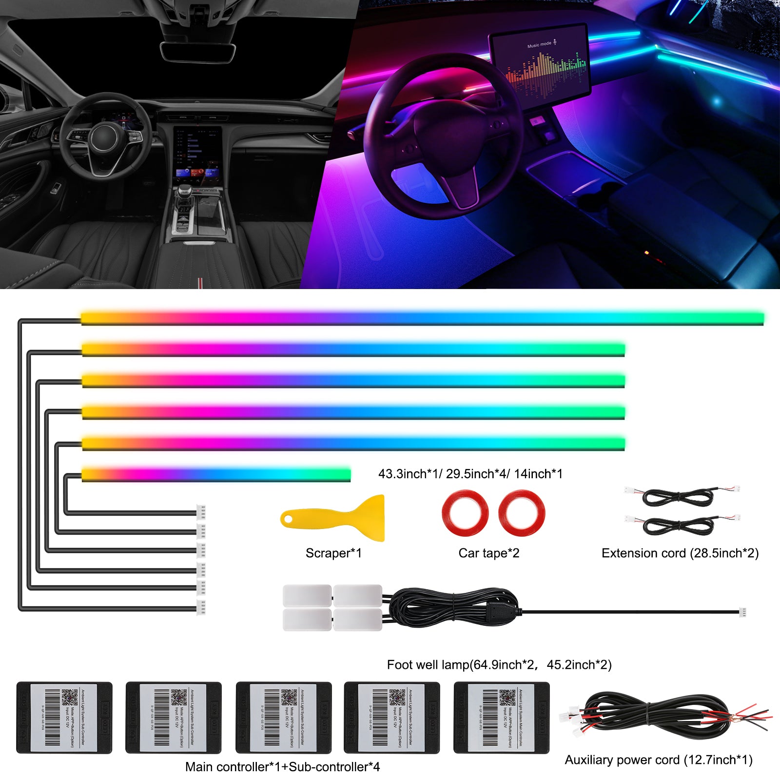 Dream+color Kit d’éclairage LED sans fil pour intérieur de voiture en acrylique, RGB 10-en-1 - 444,5 cm