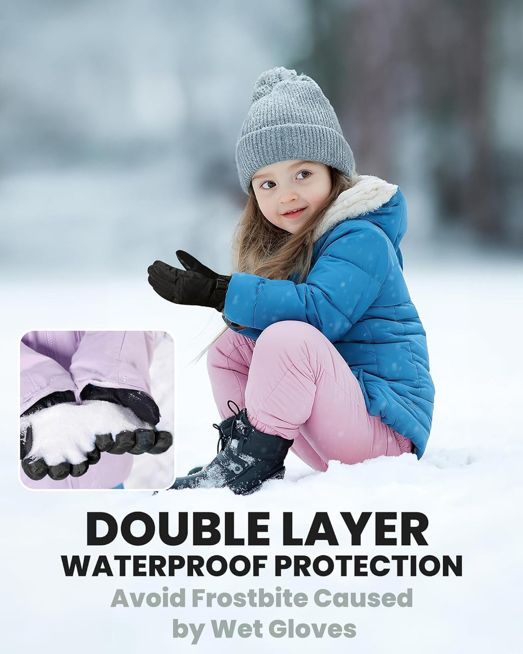OutdoorMaster gants de ski pour enfants 3M Thinsulate chauds, coupe-vent et imperméables, gants de snowboard d'hiver pour garçons et filles, noir, taille L
