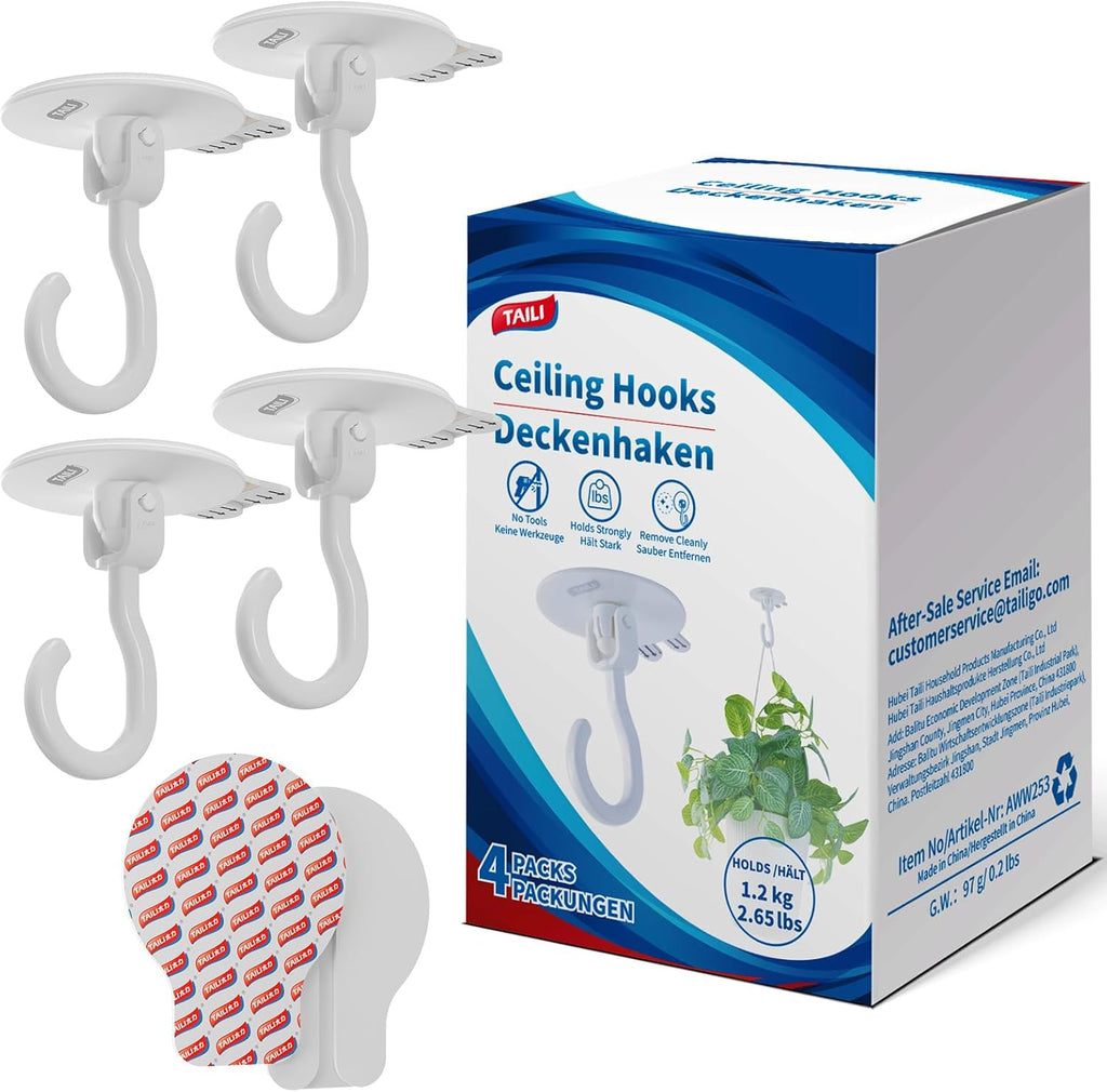 Taili Lot de 4 crochets adhésifs de plafond pour plantes suspendues, Robustes sans perçage amovibles, Crochets muraux adhésifs pour suspendre guirlandes lumineuses de Noël