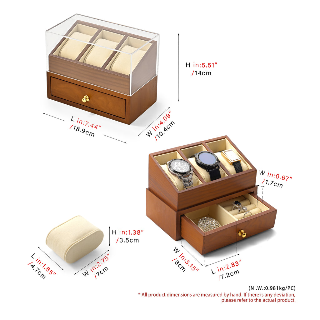 Oirlv 3 Grilds Boîte à montres en bois, organisateur de bijoux à double couche, boîte d'exposition pour montres, boîte de rangement anti-poussière avec couvercle transparent