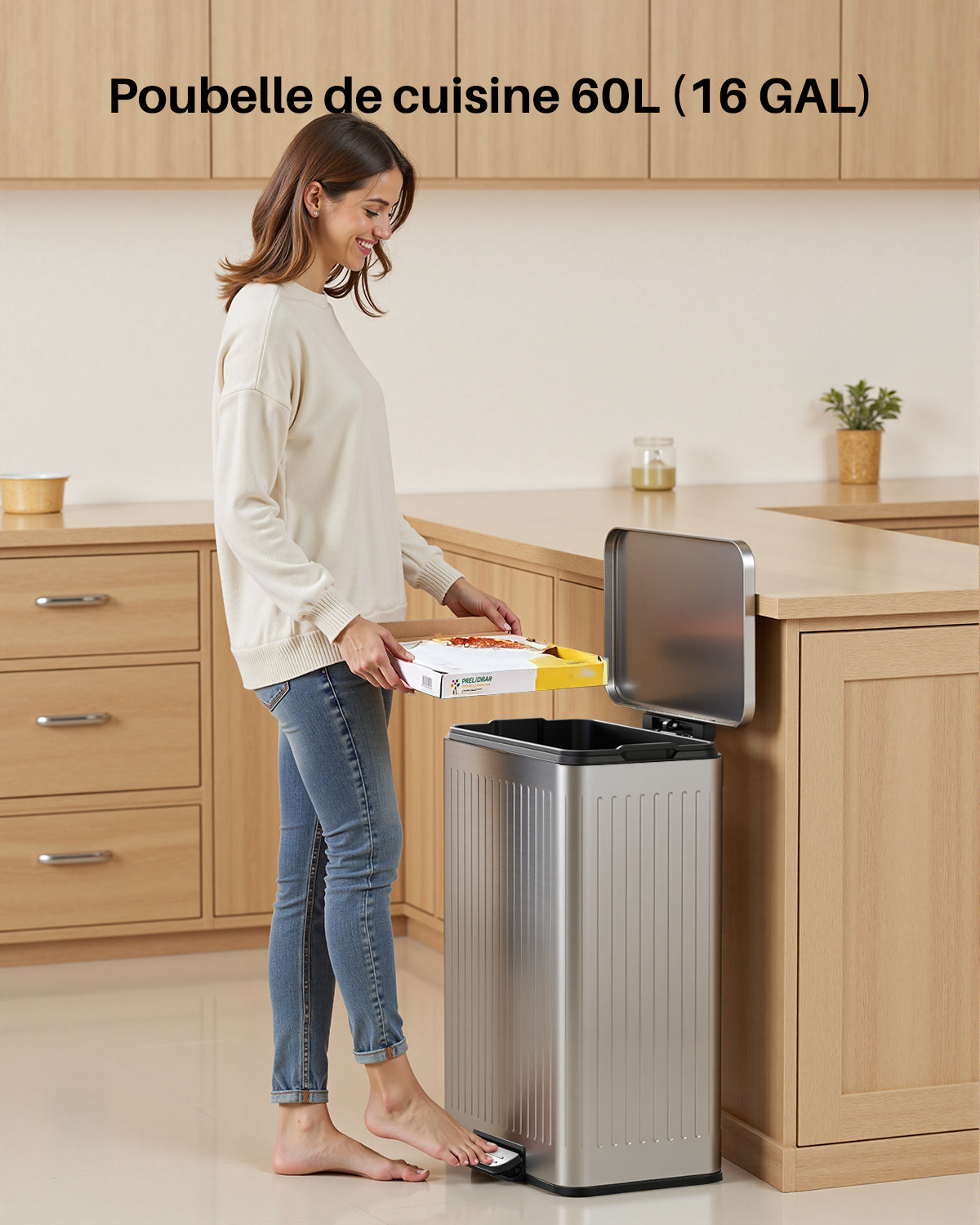 Poubelle en acier inoxydable 60 litres / 16 gallons avec couvercle à fermeture douce, grande poubelle à pédale avec texture romaine, seaux intérieurs amovibles