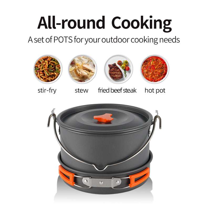 BRS Série 157 Set de cuisine de camping, Marmite suspendue 4,2 L, Grande marmite 2,9 L, Marmite moyenne 1,7 L, Poêle 1,3 L, Gourde 1,1 L