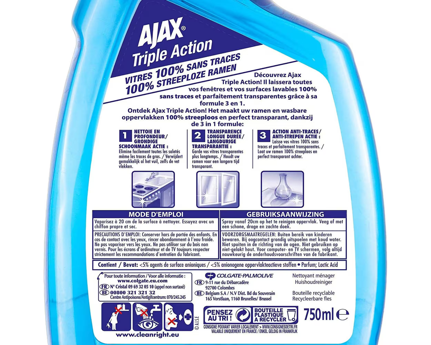AJAX Triple Action Spray nettoyant vitres sans traces 99% d'ingrédients d'origine naturelle Citron 750 ml