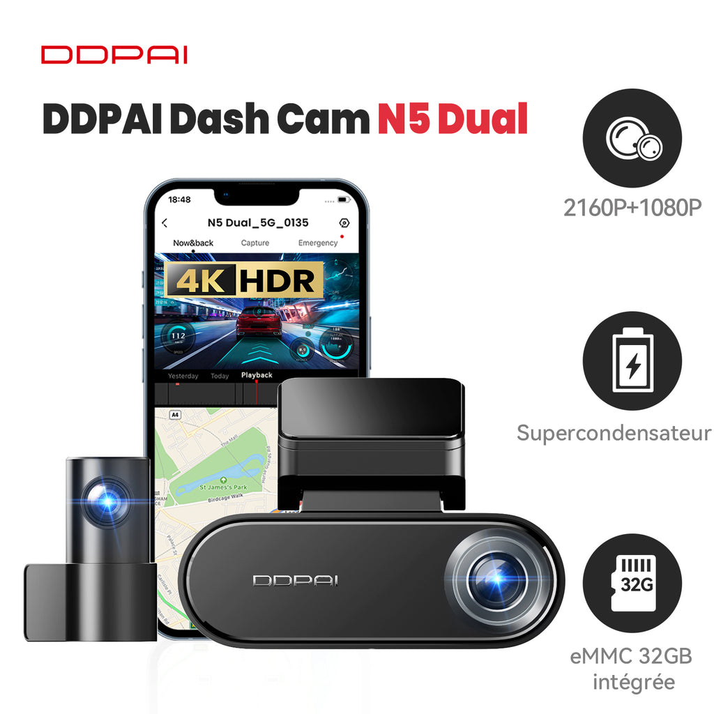 Caméra embarquée DDPAI N5 double 4K avant et arrière, caméra de voiture 2160P+1080P, GPS, Wi-Fi 5G, eMMC 32 Go intégré, vision nocturne, mode stationnement 24 h, application intelligente