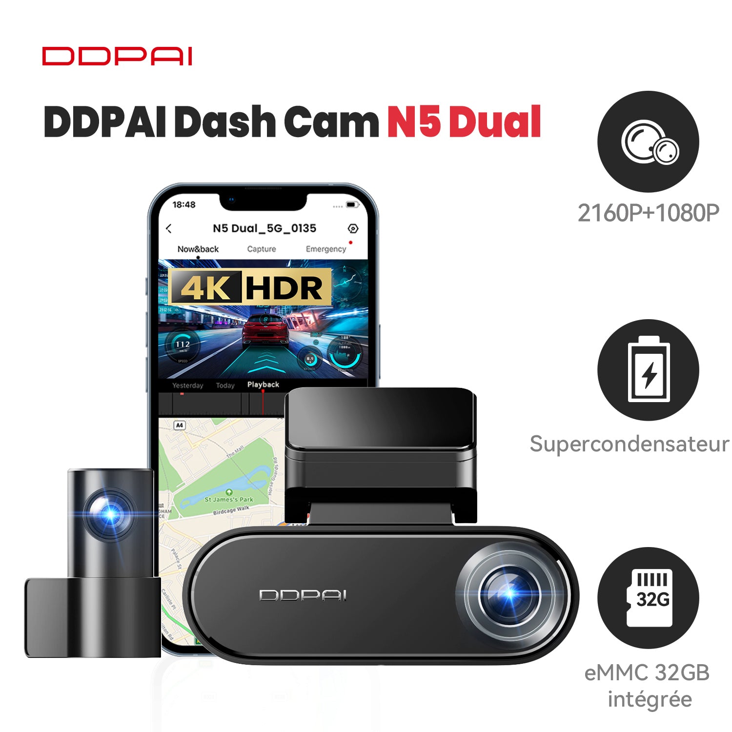 Caméra embarquée DDPAI N5 double 4K avant et arrière, caméra de voiture 2160P+1080P, GPS, Wi-Fi 5G, eMMC 32 Go intégré, vision nocturne, mode stationnement 24 h, application intelligente