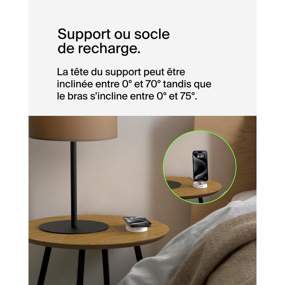BELKINBOOST CHARGE Pro Qi2 Chargeur sans fil magnétique et pliable à induction 15 W compatible MagSafe pour iPhone 16/15/14 et AirPods, adaptateur secteur 20 W inclus - Blanc