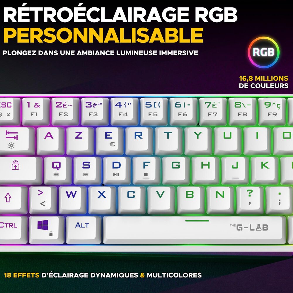 THE G-LAB Keyz Titanium Clavier Gaming Mécanique Switch Rouge Filaire RGB 65% - AZERTY- Blanc
