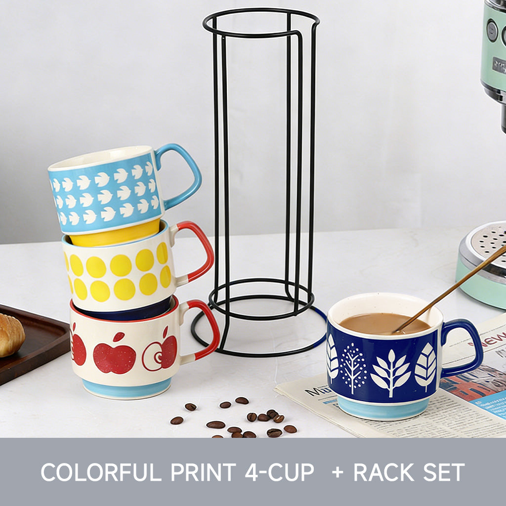 Lot de 4 tasses en céramique à motifs amusants, tasses à café colorées 300 ml (Pomme, Pois, Feuille, Rayure)