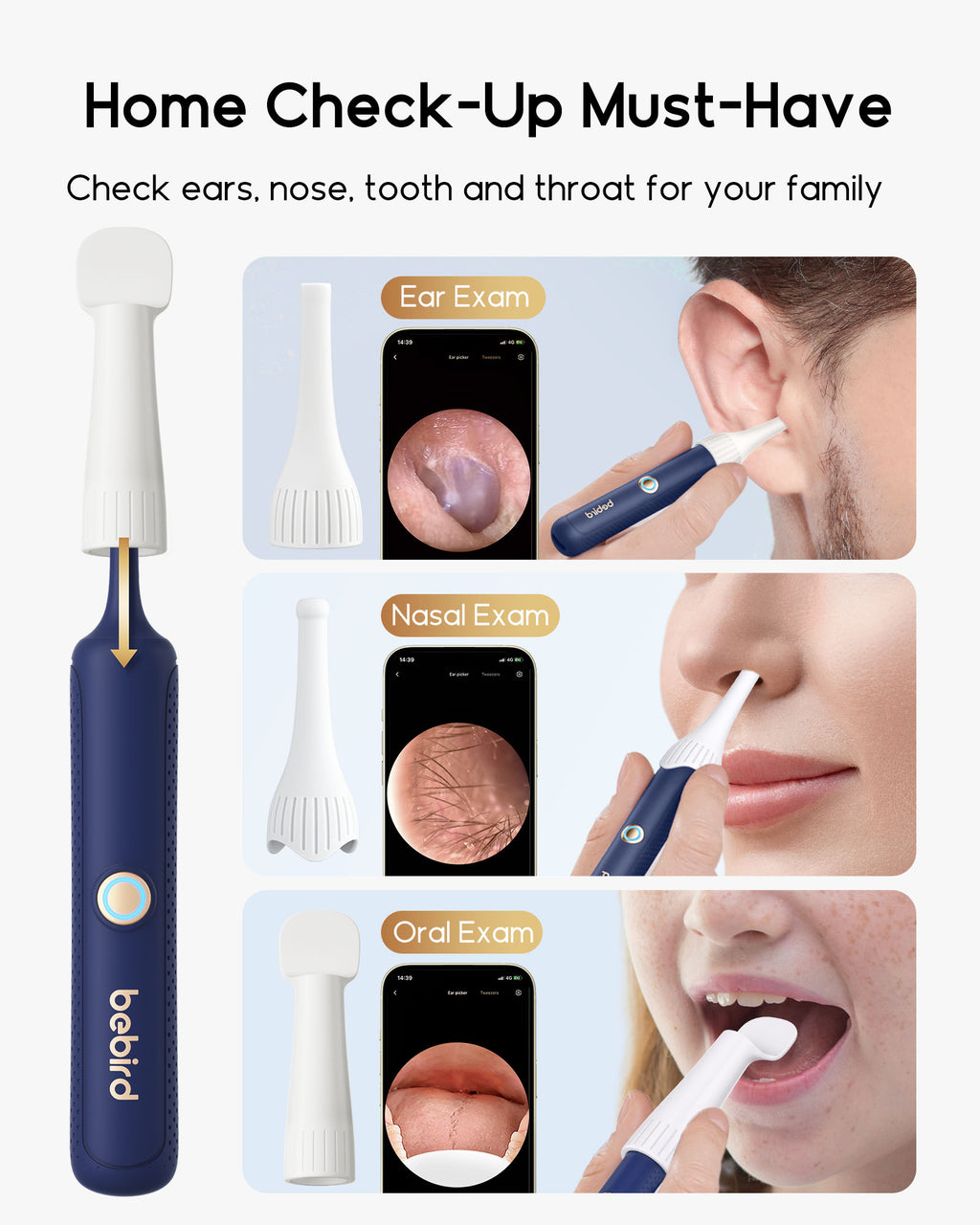 bebird Kit otoscope de nettoyage des oreilles avec caméra FHD flexible et pinces, pour examen des oreilles, du nez et de la gorge, embouts variés pour adultes et enfants