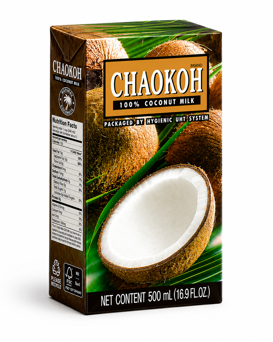 CHAOKOH Lait de coco en brique Tetra Pak (18 % de matières grasses) 500 ml