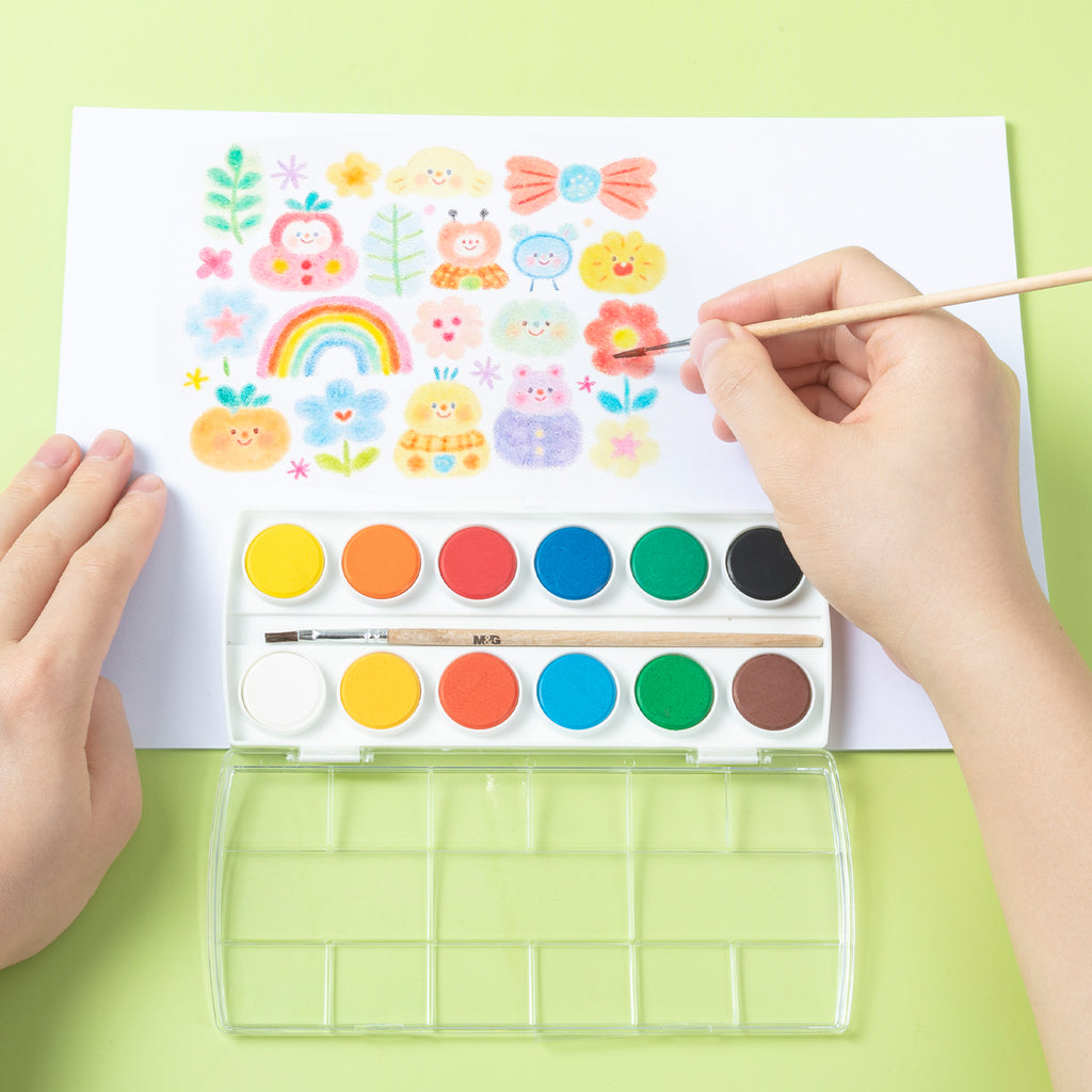 M&G Tant de chats Coffret d'aquarelle 12 couleurs avec pinceau à réservoir d'eau – Fournitures artistiques pour enfants et adultes, idéal pour débutants
