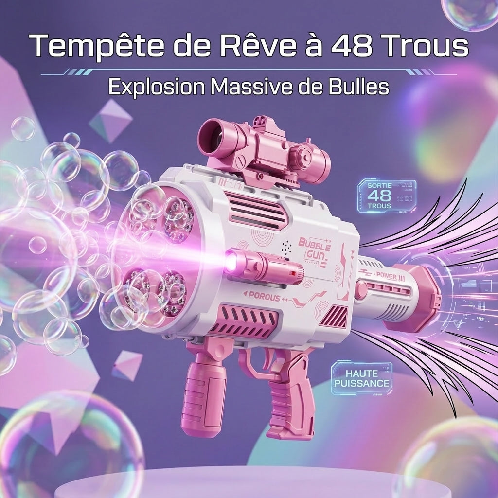 Pistolet à bulles Gatling rose Tokky, machine à bulles automatique à 48 trous avec lumières LED colorées, chargement USB et conception étanche à 360 degrés, jouet tactique pour filles