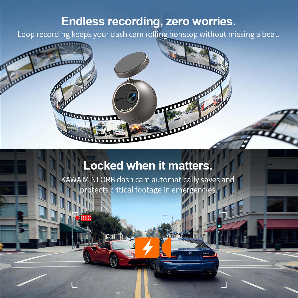 KAWA Dashcam 2K avec commande vocale, mini caméra sphérique avant, support rotatif à 360°, Wi-Fi intégré et application, capteur G, moteur NightEagle