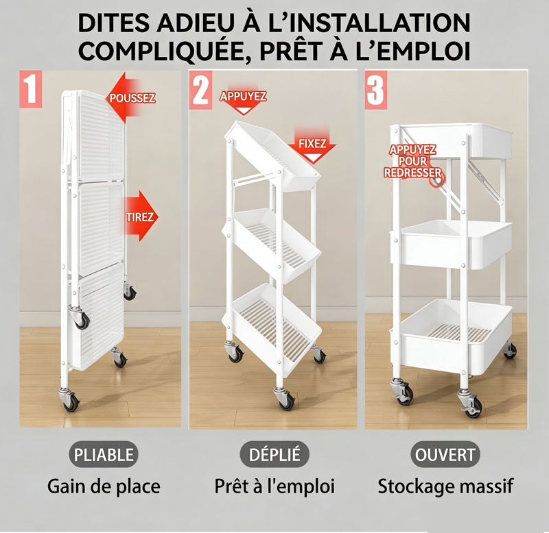 JORDAN&JUDY Chariot de rangement pliable à 3 niveaux sur roulettes, organisateur de stockage mobile