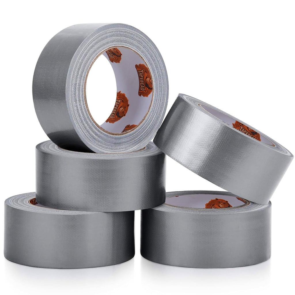 Ruban adhésif TAPEBEAR Heavy Duty 1,88 pouces x 30 verges (90 pieds), ruban étanche argenté 9 mils épais, adhésif solide, inscriptible, déchirable à la main pour emballage, réparations, 5 rouleaux, total 150 verges