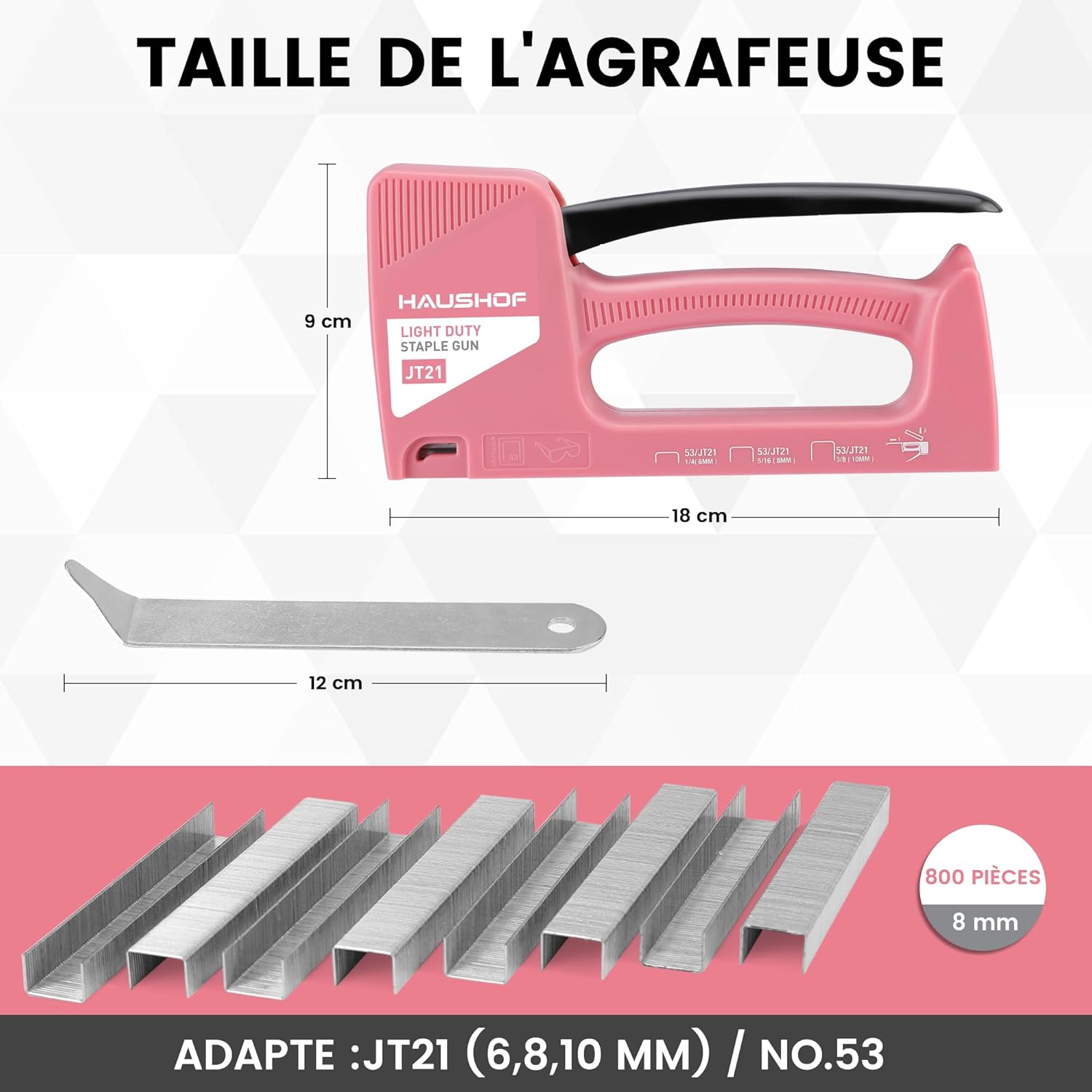 HAUSHOF Agrafeuse manuelle rose pour tapisserie, agrafeuse à bois pour agrafes type 53, avec 800 agrafes 8 mm et extracteur d'agrafes pour bois, tissu, meubles