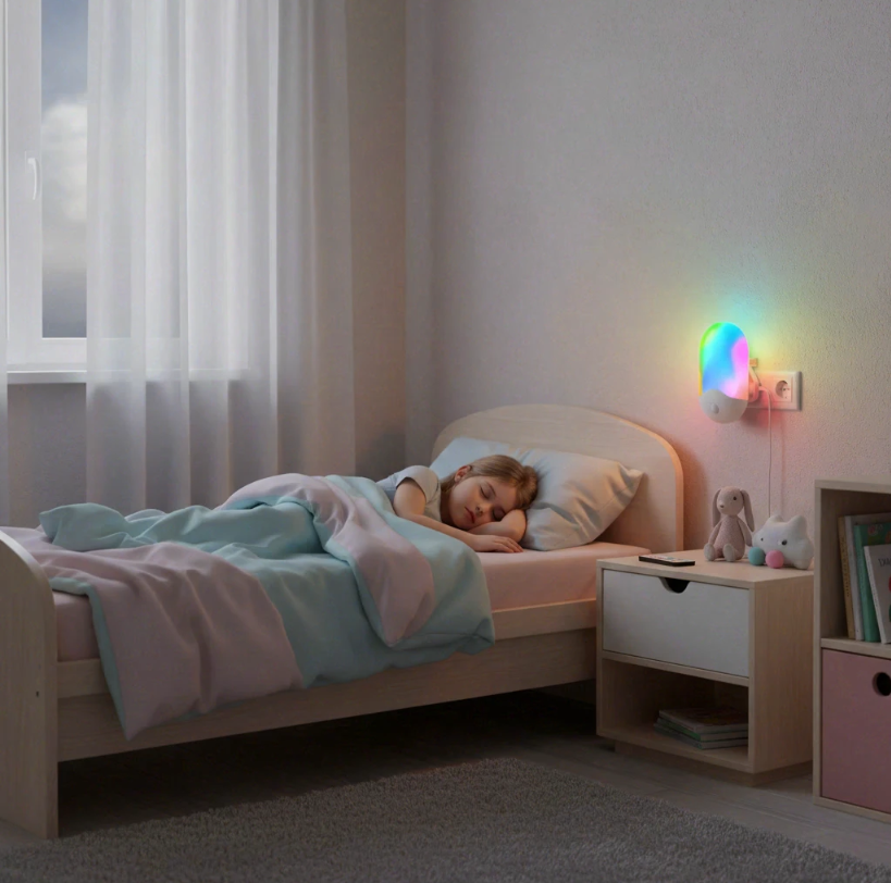 Lichty Veilleuse RGB télécommandée, 7 couleurs, SMD LED, 0,5 W, 110–220 V, ABS + métal, fonction de minuterie, pour chambre et chambre d’enfant