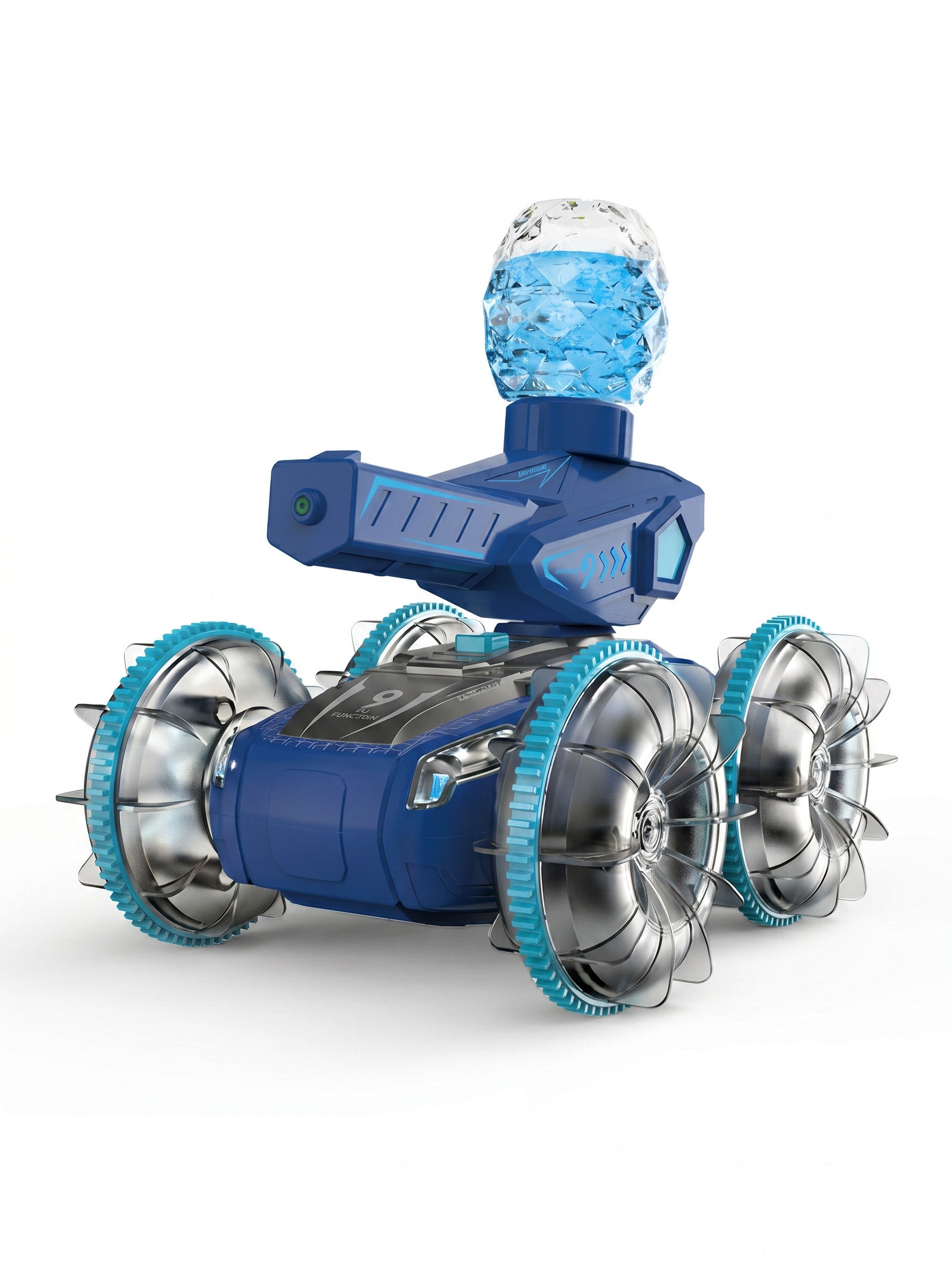 Char RC amphibie 4x4 gestuel double commande, étanche terre/eau avec jet d’eau & LED clignotantes, rotation 360° tout-terrain, jouet enfants 3+, Une Pièce en Bleu