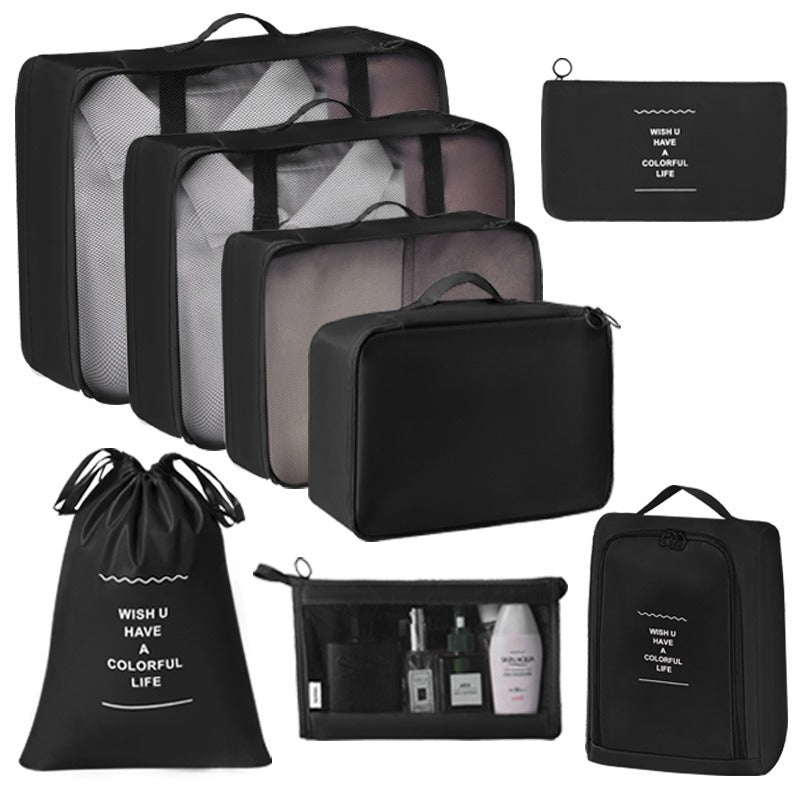 Marque blanche, ensemble de 8 pièces de cubes de rangement de voyage, comprenant un sac à linge, imperméable, noir, adapté aux valises et aux sacs à dos