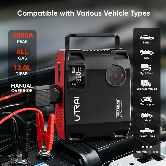 UTRAI JS5 6000A Booster de démarrage pour voiture avec compresseur d'air (150PSI), Booster 12V pour tous les véhicules essence et diesel jusqu'à 10L, Sortie DC 160W/1600lm