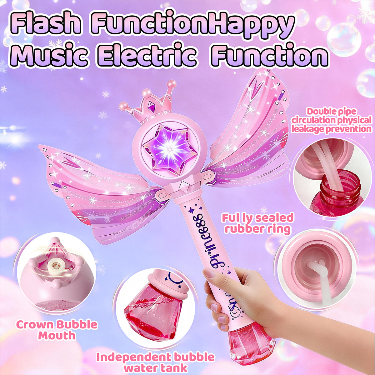 Jouet machine à bulles baguette magique de princesse, Baguette souffleur de bulles automatique avec lumière LED musique et couronne à ailes, Cadeau de jouet fabricant de bulles fée rose pour filles et enfants fête en plein air