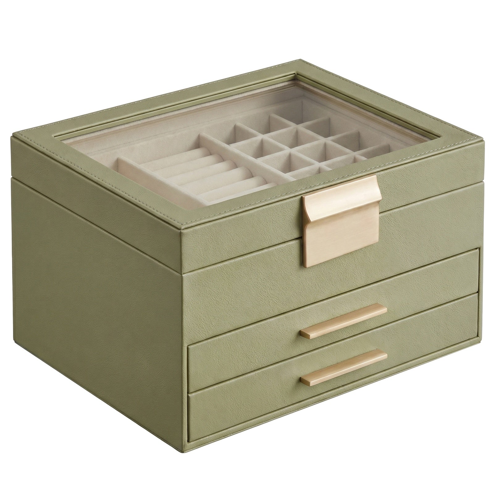 JOYFURNOS Boîte à bijoux avec couvercle en verre – Vert Sauge & Or, 3 niveaux, 2 tiroirs, organiseur de rangement moderne, taille 20,3 x 23,1 x 13,5 cm – excellente idée cadeau