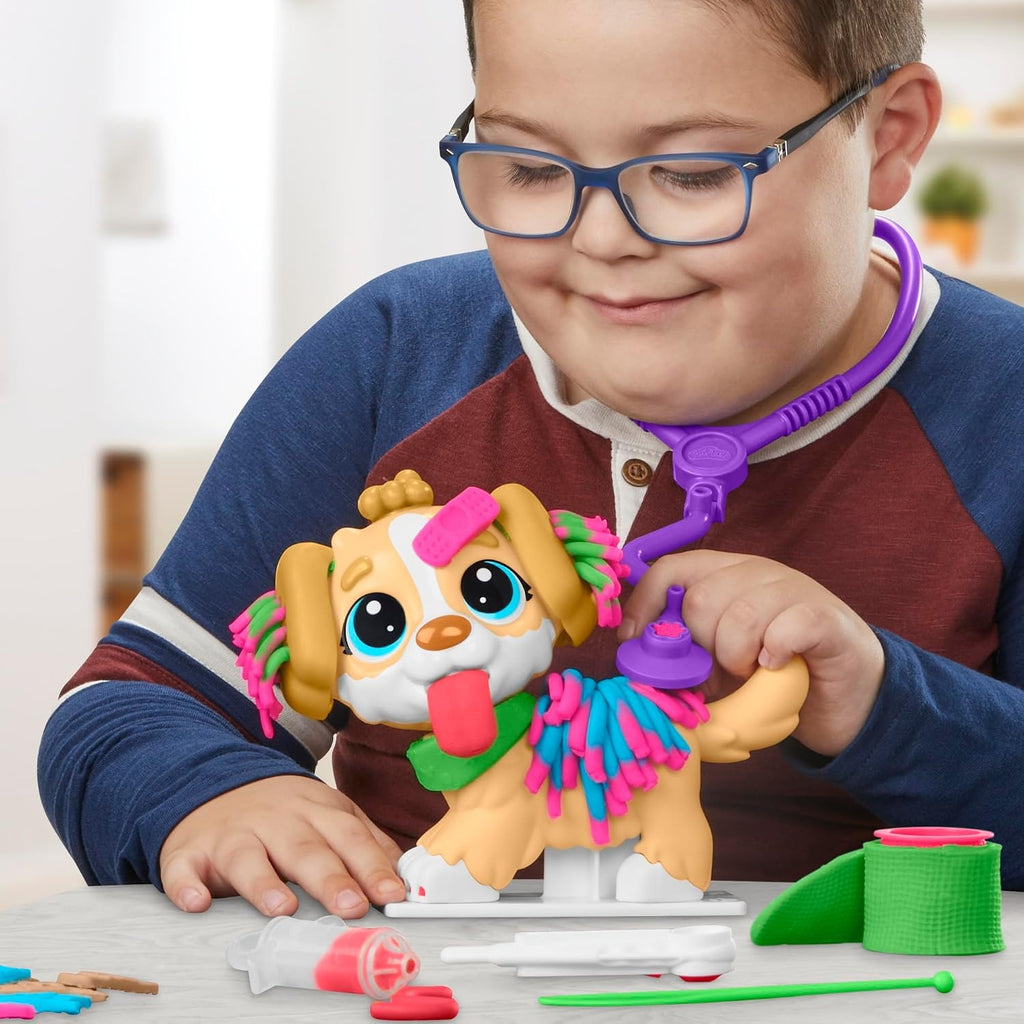 Play-Doh Care 'n Carry Kit médical jouet vétérinaire avec figurine de chiot, 10 outils vétérinaires, transport pour animaux & 5 pots de Play-Doh