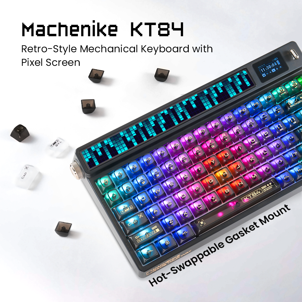 Machenike KT84-B84W clavier mécanique 75 % triple mode, disposition QWERTY US, Noir, interrupteur jaune Gateron Smart Screen