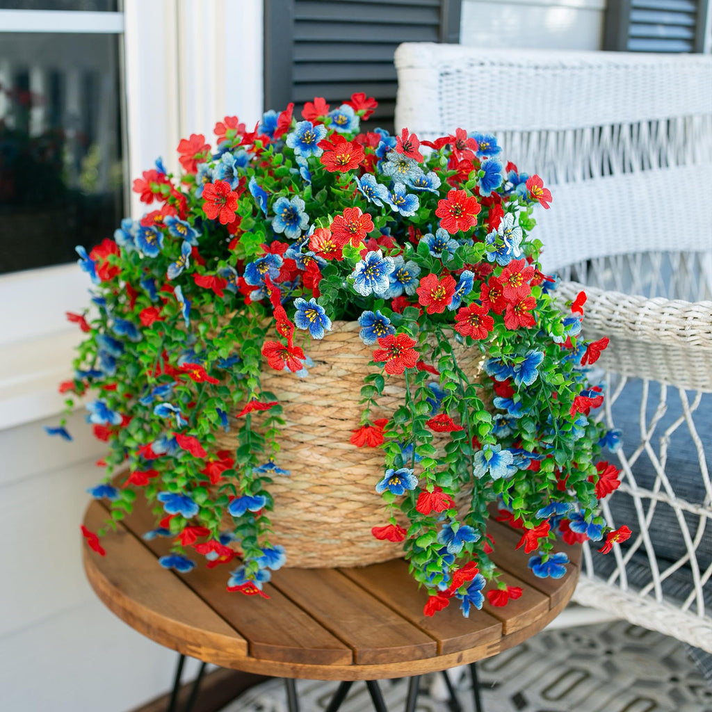 Yuejia 4 pièces 29,5 po/75 cm plantes à fleurs artificielles suspendues pour décoration extérieure, faux chrysanthèmes et violettes avec eucalyptus