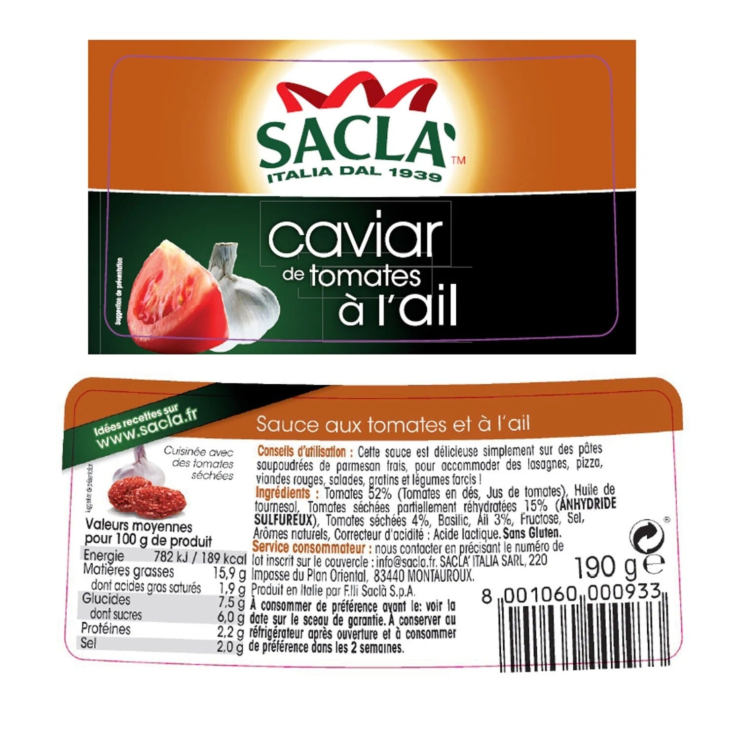 Sacla Sauce Caviar Tomate et Ail (Style Pesto aux Tomates Séchées au Soleil) 190 g